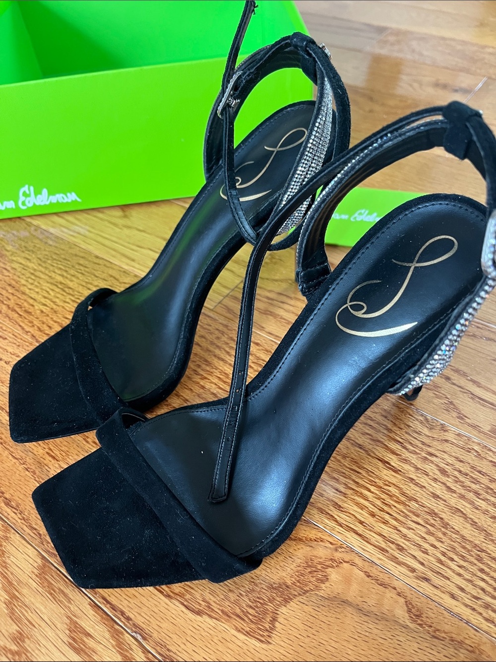 Sam Edelman Black Suede Ankle-Strap Heels with Crystal Detail - Picture 3 of 4